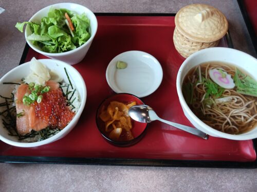 和風レストランまるまつのミニサーモンいくら丼とミニそばセット